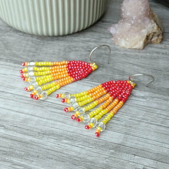 BOGO EARRINGS -Red Orange & Yellow Boho Beaded Fringe Dangle Earrings, 2" - Picture 3 of 6
